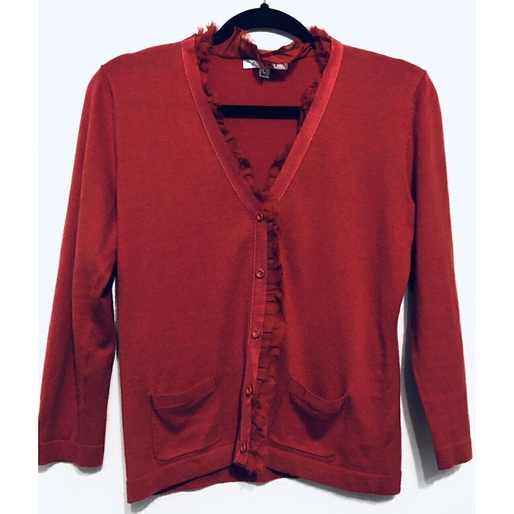 CAbi Cardigan Sweater Womens Small Red Party Card Cotton Cashmere Quiet Luxury